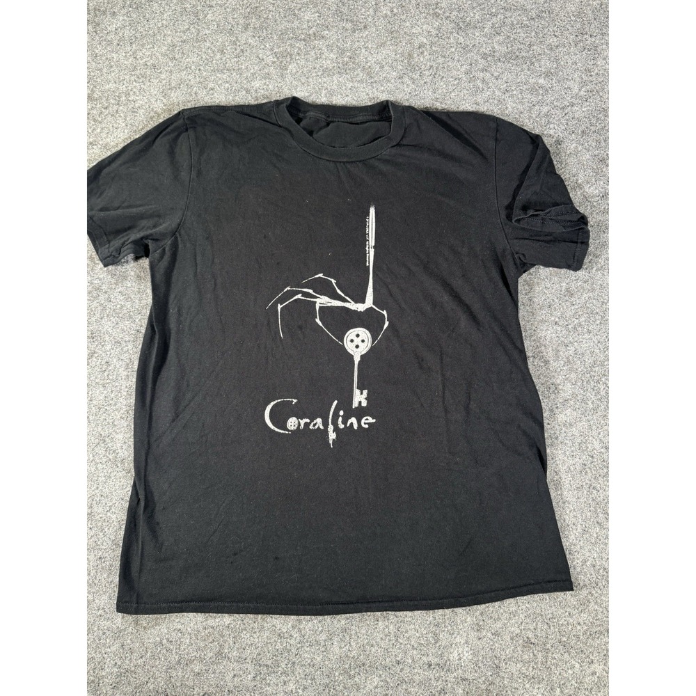 Coraline Movie T Shirt Black LAIKA 2010 Button Key Graphic Tee Adult